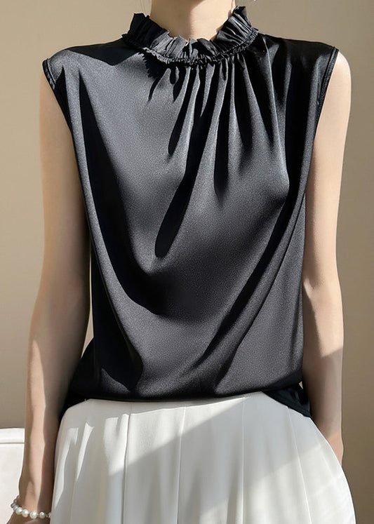 Women Black Ruffled Solid Silk Tank Sleeveless TT1002 shopify