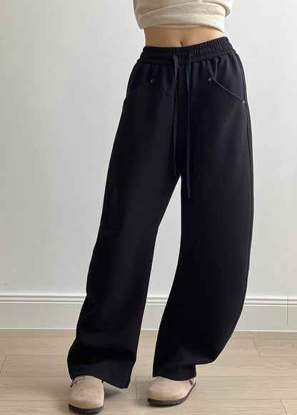 Black Pockets Cotton Pants Drawstring Elastic Waist Fall AF1071 HS-LPTS240914