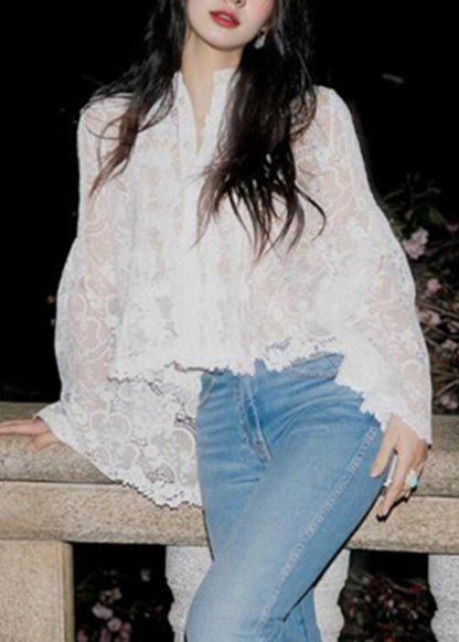 Stylish White Button Hollow Out Lace Blouses Flare Sleeve QP056 OL-LTP241001