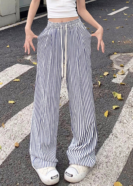 New Blue Striped Pockets Elastic Waist Cotton Pants Summer NN003 shopify