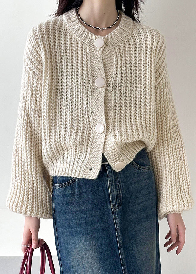 Beige Button Cotton Knit Cardigan O Neck Long Sleeve AF1035 HS-NCT240914