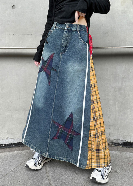 Yellow Patchwork High Spring Denim Waist Skirts Button Plaid FashionChic