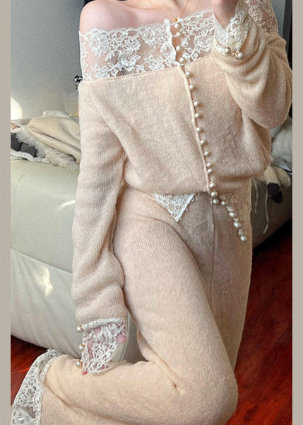 Two Apricot Piece Knit Set Slash Patchwork Lace Neck Suit Fine FashionChic