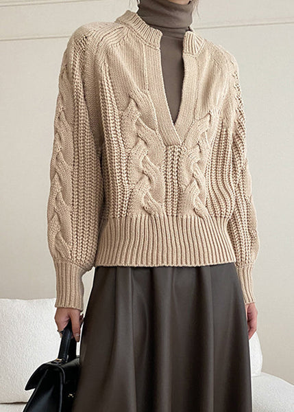 Khaki Cozy Solid Knit Sweaters V Neck Fall AF1047 HS-NTP240914