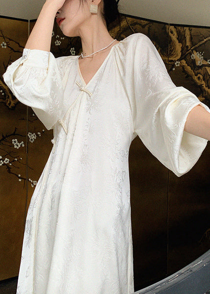 New Long Jacquard Beige Spring Neck Silk Oriental Dress Button V FashionChic