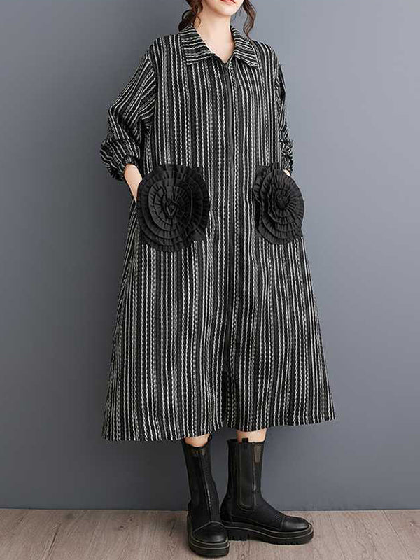 Design Black Lapel Flower Pockets Striped Long Sleeves Zip-up Dress WS010 shopify