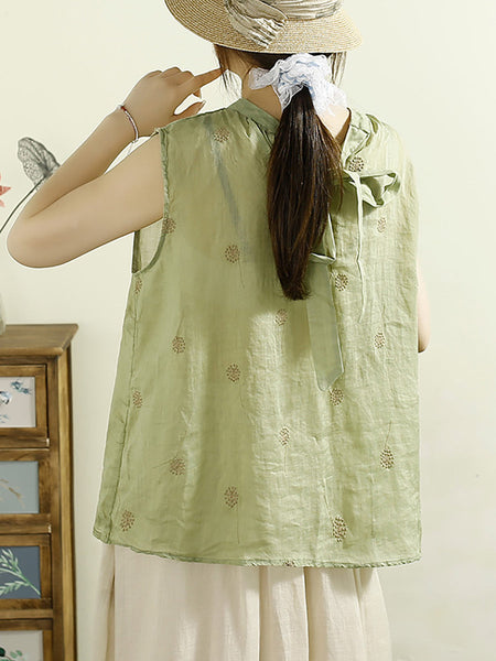 Women Summer Artsy Embroidery Stand Collar Ramie Vest HH021 LPP