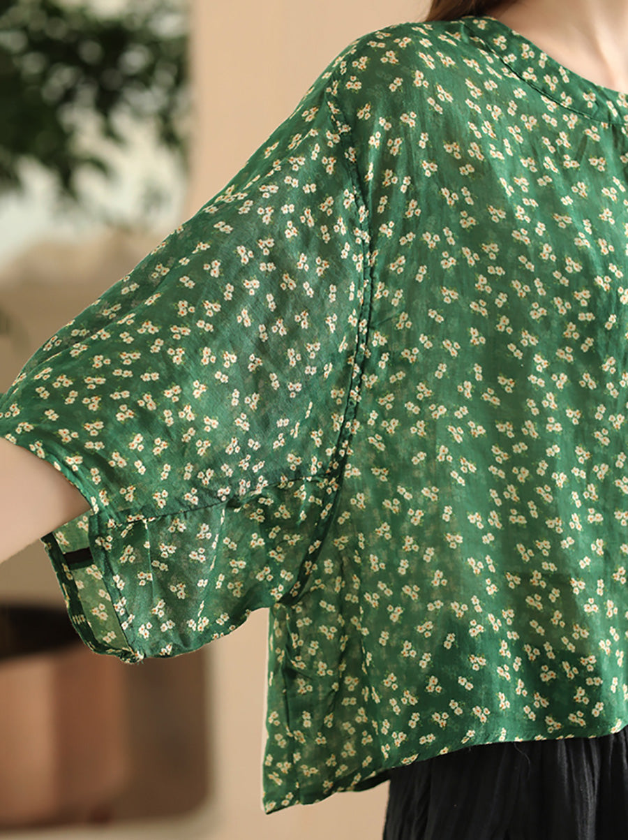 Women Summer Artsy Floral O-Neck Thin Shirt FD023 XJYF