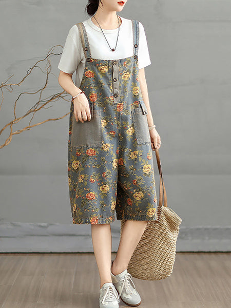 Denim Jumpsuits Short Artsy Women Flower Summer FashionChic