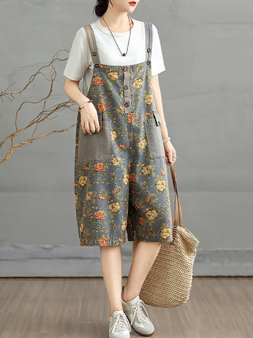Denim Jumpsuits Short Artsy Women Flower Summer FashionChic