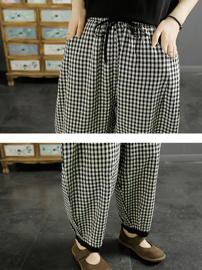 Women Vintage Plaid Summer Cotton Harem Pants QW1044 Ada Fashion