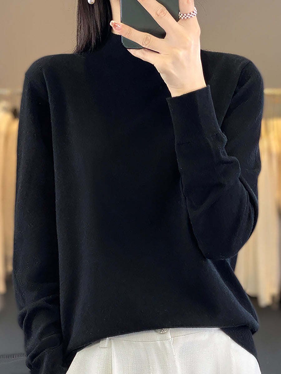 Women Autumn Knit Warm Half-Turtleneck Sweater WU019 BK