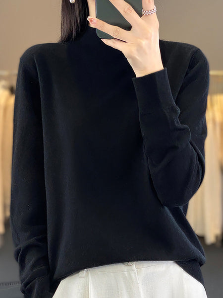 Women Autumn Knit Warm Half-Turtleneck Sweater WU019 BK