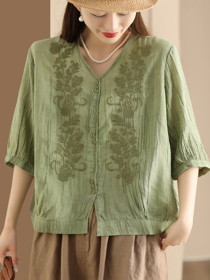 Women Vintage Summer Embroidery V-Neck Ramie Shirt PA1003 Ada Fashion