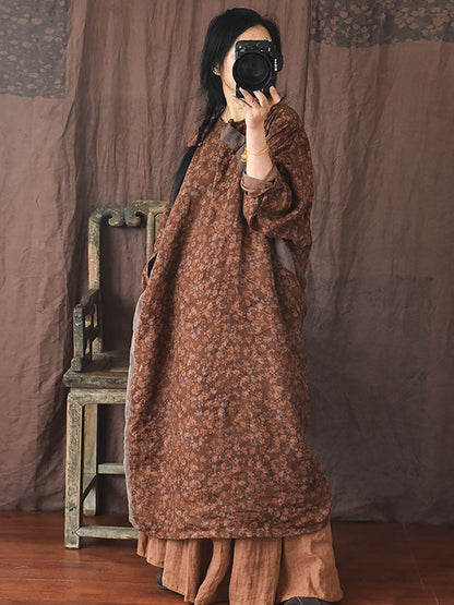 Women Autumn Vintage Floral Spliced Frog Loose Dress AI1042 QYMM
