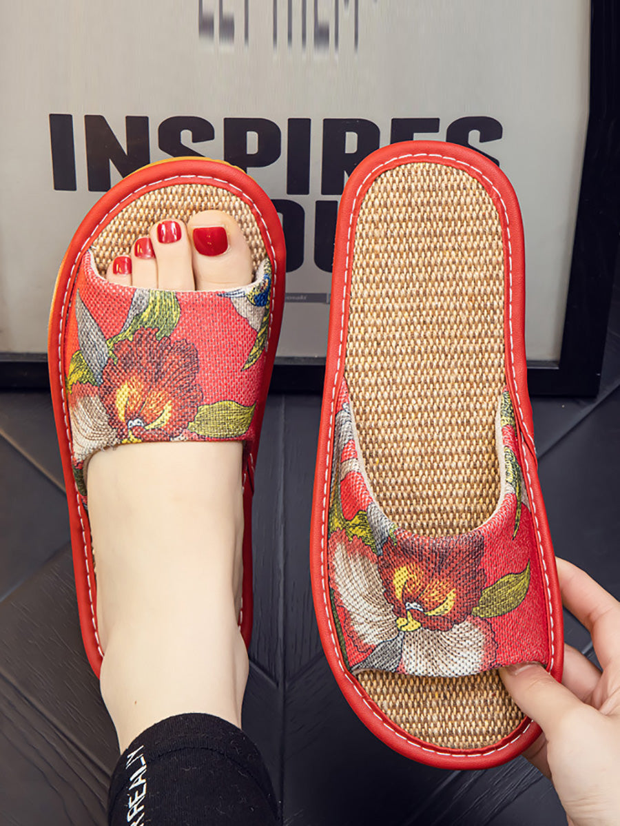 Summer Couple Linen Flower Print Indoor Flat Slippers CC008 BUYKUD