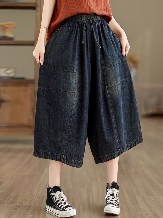 Women Summer Casual Solid Denim Spliced Wide-leg Pants PP1002 BUYKUD