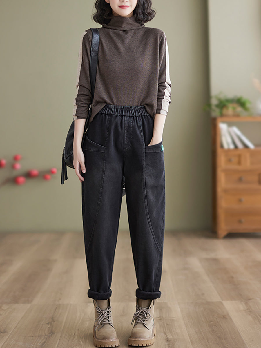 Women Autumn Vintage Solid Fleece-lined Harem Pants QN025 BK