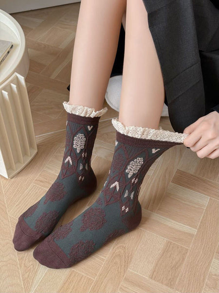 5 Pairs Women Autumn Artsy Flower JAcquard Cotton Socks QM009 BUYKUD