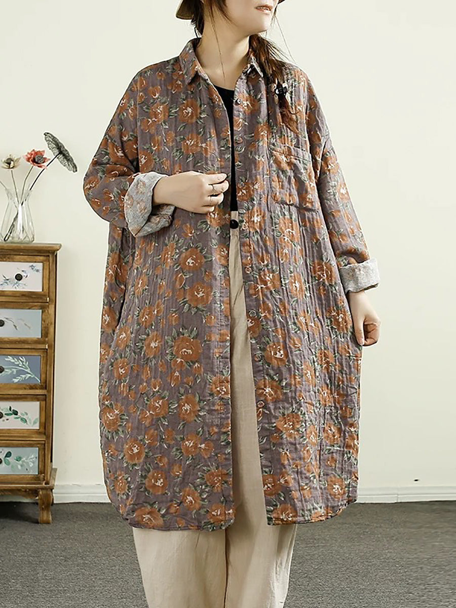 Women Vintage Autumn Flower Button-up Thin Cotton Coat AK1014 Genistyle Shop