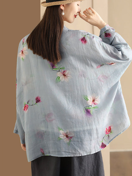 Women Summer Artsy Flower Button-Up Ramie Shirt HH016 ZMMM