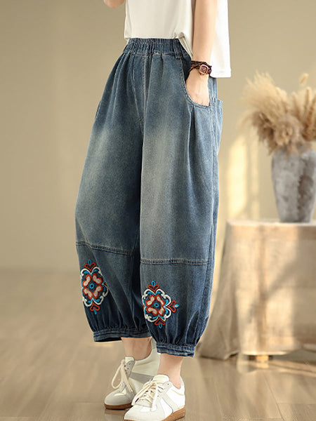 Denim Flower Women Pants Harem Embroidery Retro FashionChic
