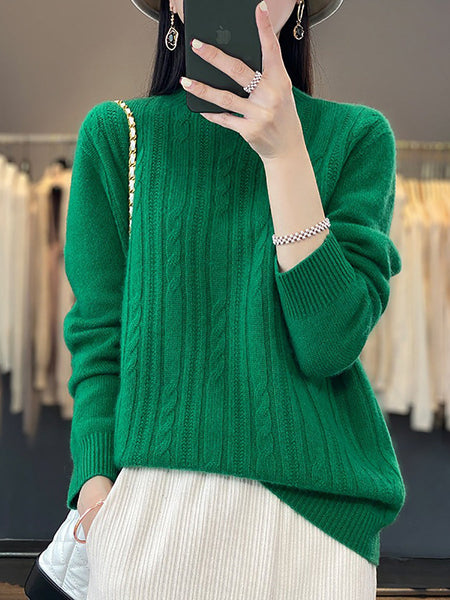 Women Autumn Solid Cable Knit 100%Wool Half Turtleneck Sweater QN027 BK