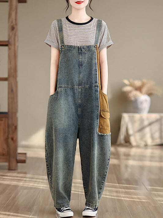 Women Artsy Summer Colorblock Denim Jumpsuits SC1051 Ada Fashion