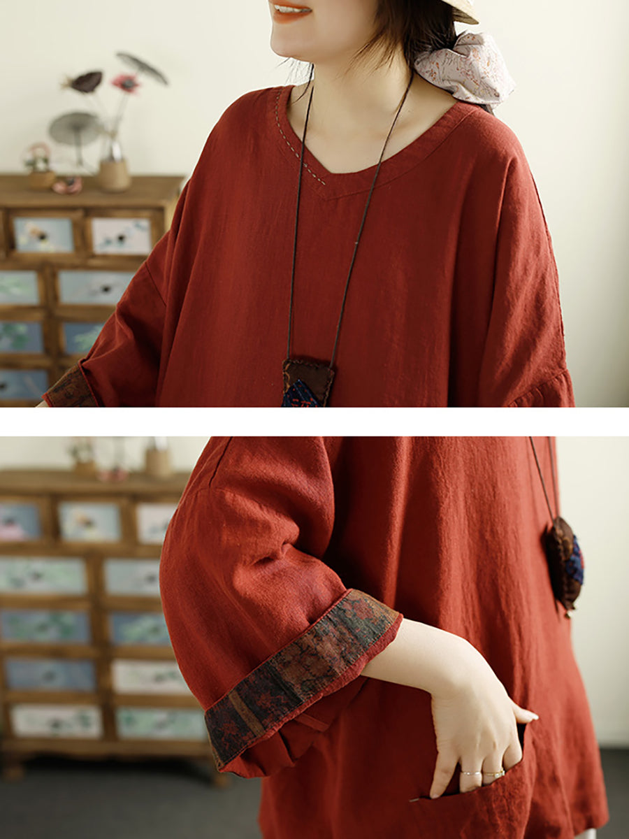Plus Size Women Vintage Solid V-Neck 100%Linen Blouse AK1006 Genistyle Shop