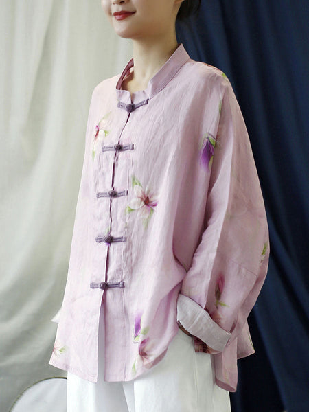 Plus Size Women Vintage Flower Pink Spring Ramie Shirt Coat PP1051 JSHY