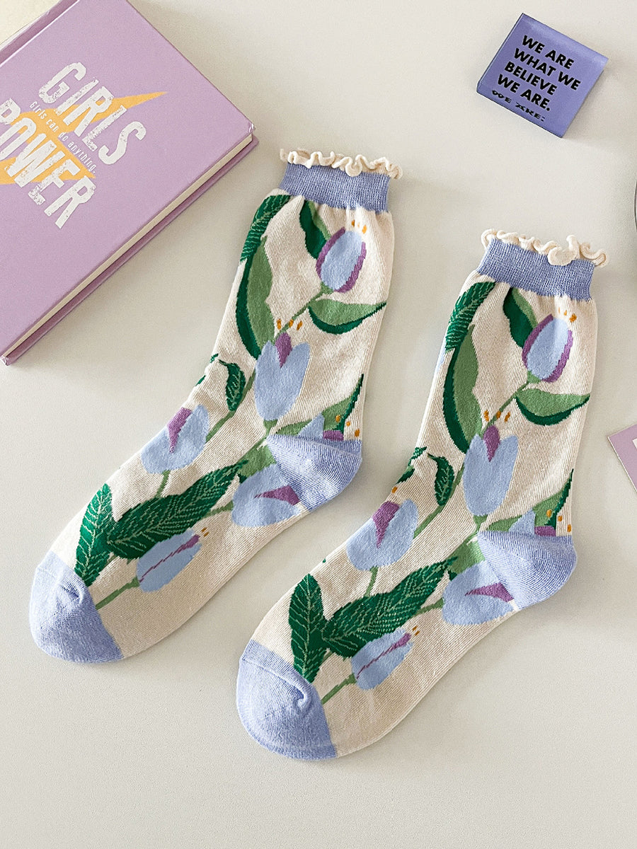 5 Pairs Women Artsy Flower Cotton Socks IO1012 Ada Fashion