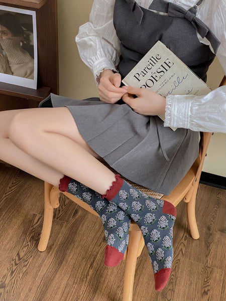 5 Pairs Women Artsy Foral Embroidery Colorblock Cotton Socks AV1043 Genistyle Shop