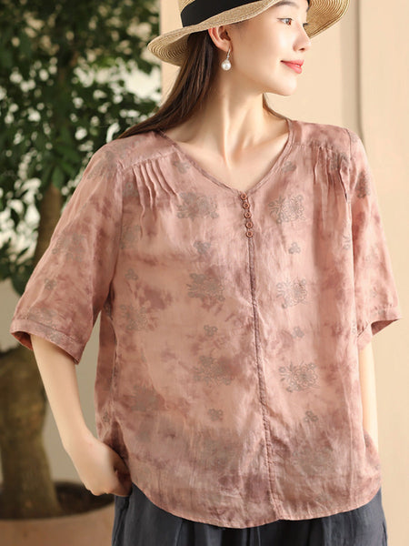 Women Summer Artsy Flower V-Neck Thin Ramie Shirt FD004 BUYKUD