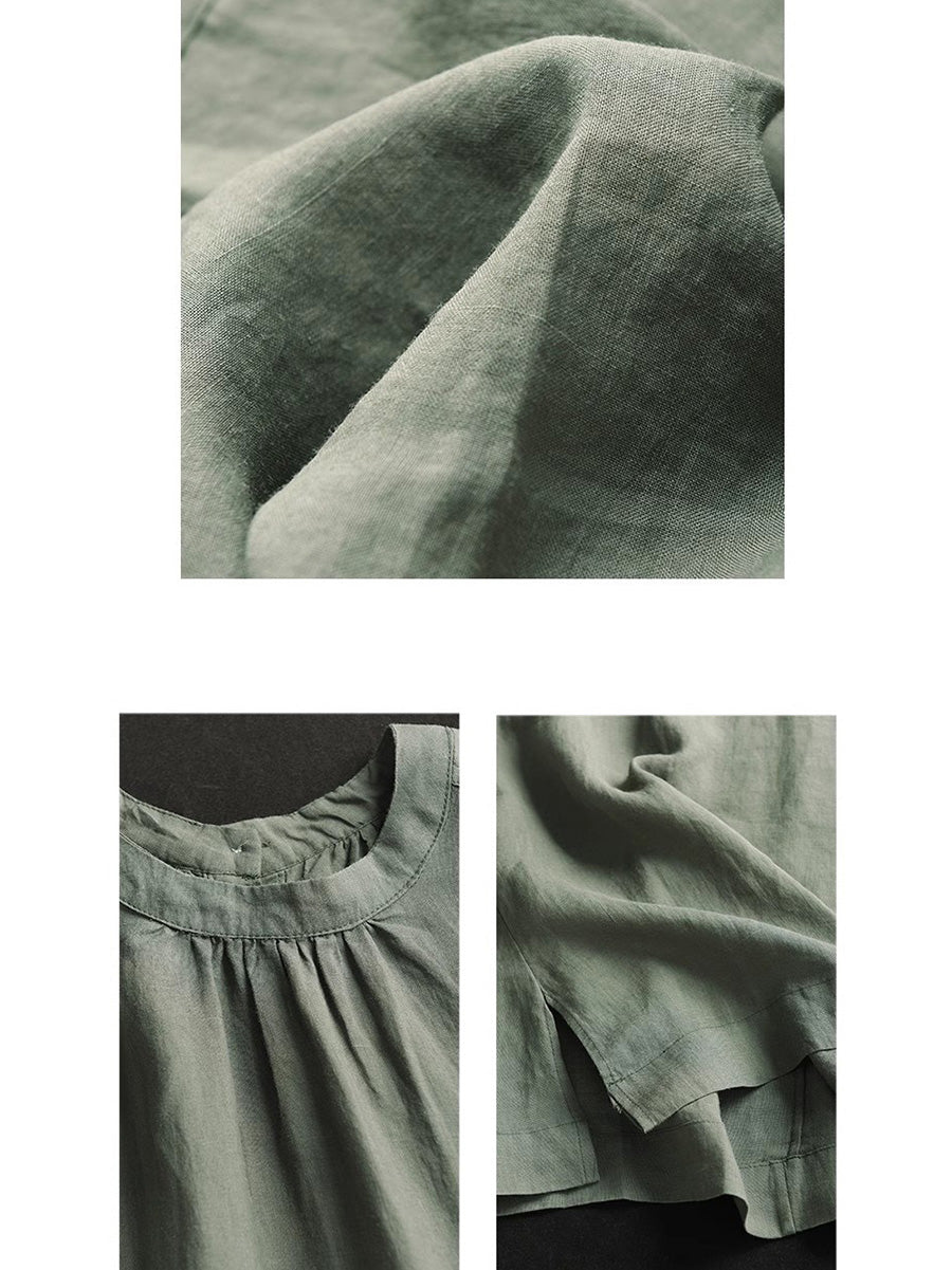 Women Summer Casual Solid Pocket O-Neck Linen Dress FD051 ZMMM