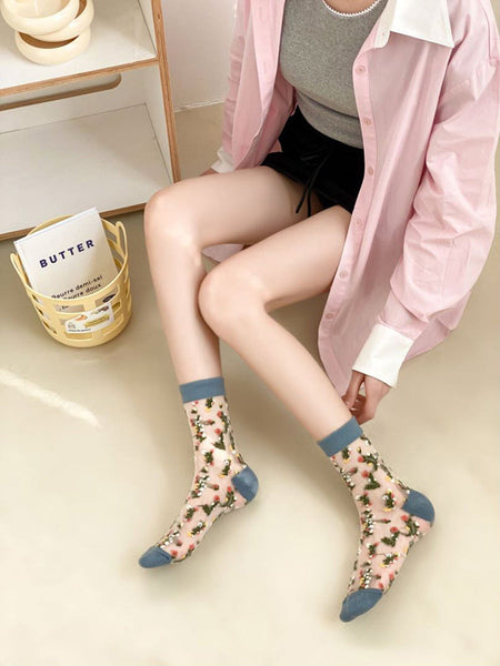5 Pairs Women Summer Flower Jacquard Thin Socks FG1017 Ada Fashion
