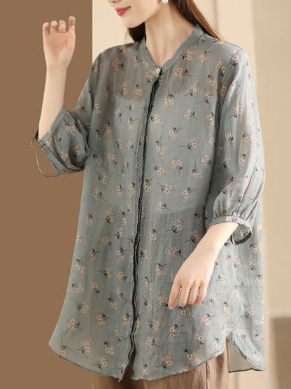 Women Summer Artsy Floral Spliced Ramie Long Shirt TY1024 Ada Fashion