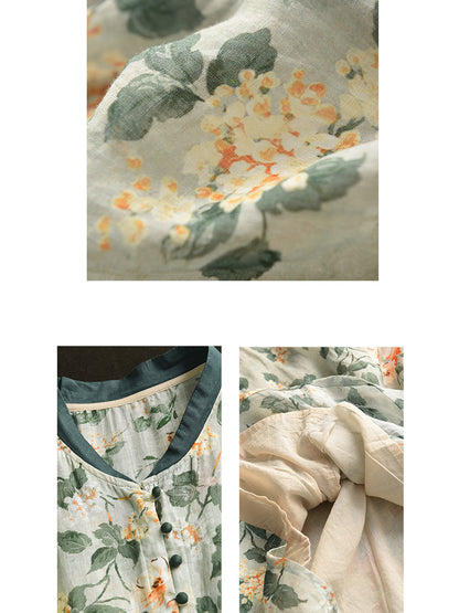 Women Summer Flower Stand Collar Ramie Dress OO1046 LPP