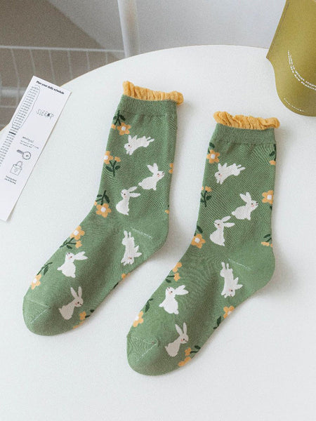 5 Pairs Women Artsy Flower Green Mid-Calf Socks IO1011 Ada Fashion
