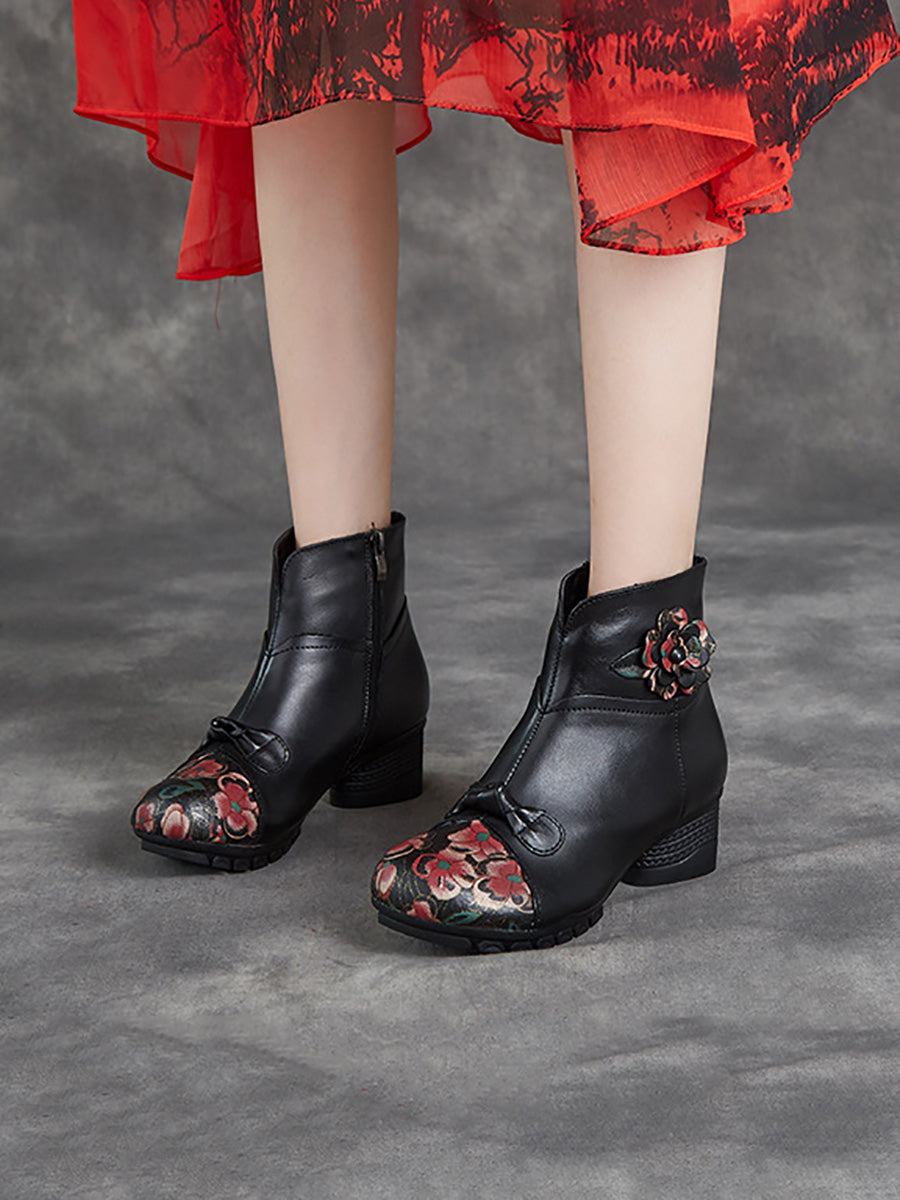 Women Ethnic Autumn Flower Spliced Leather Mid-Heel Boots AI1019 MXXZ