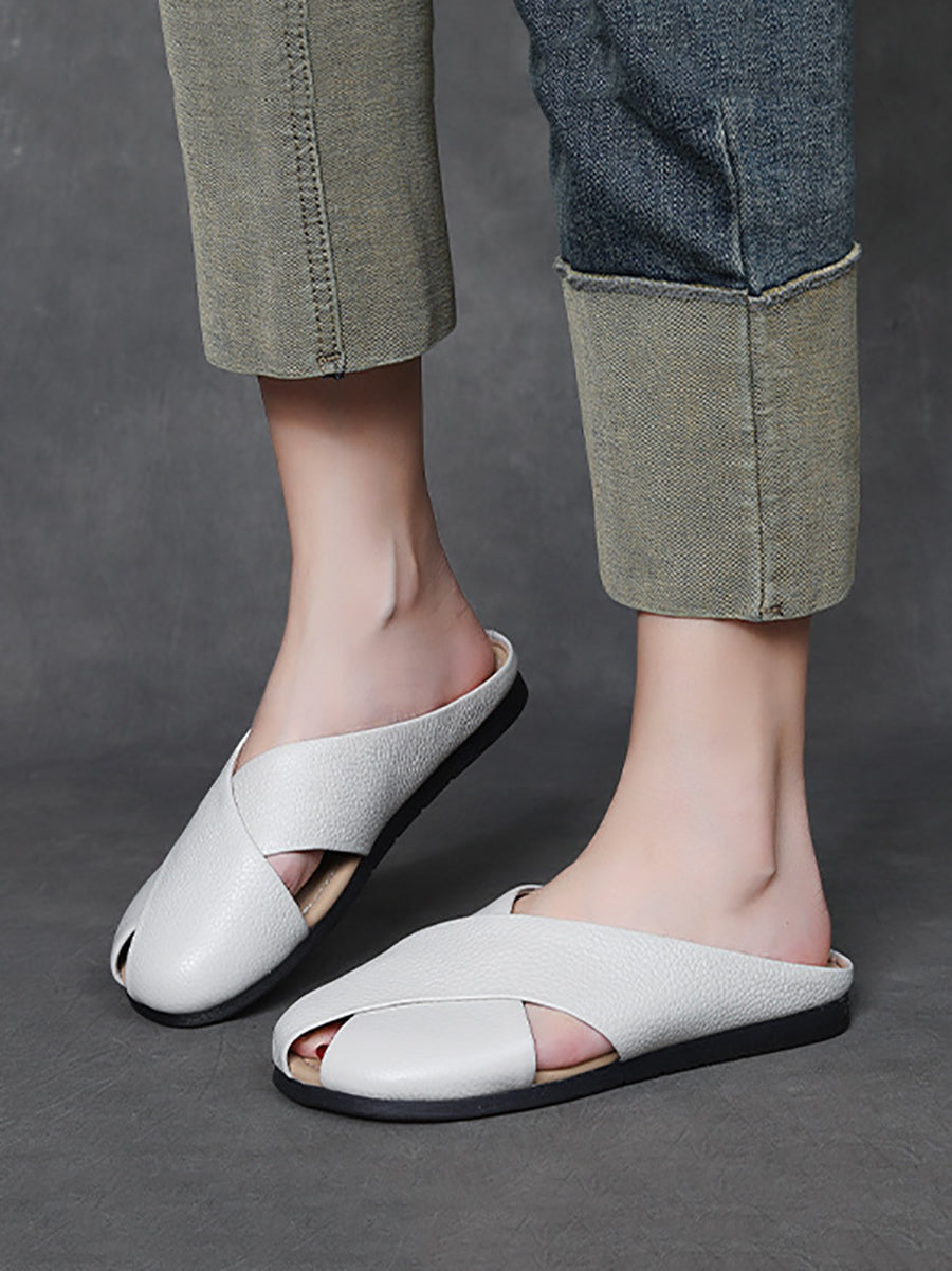 Women Summer Solid Leather X-Spliced Flat Slippers UI1032 Ada Fashion