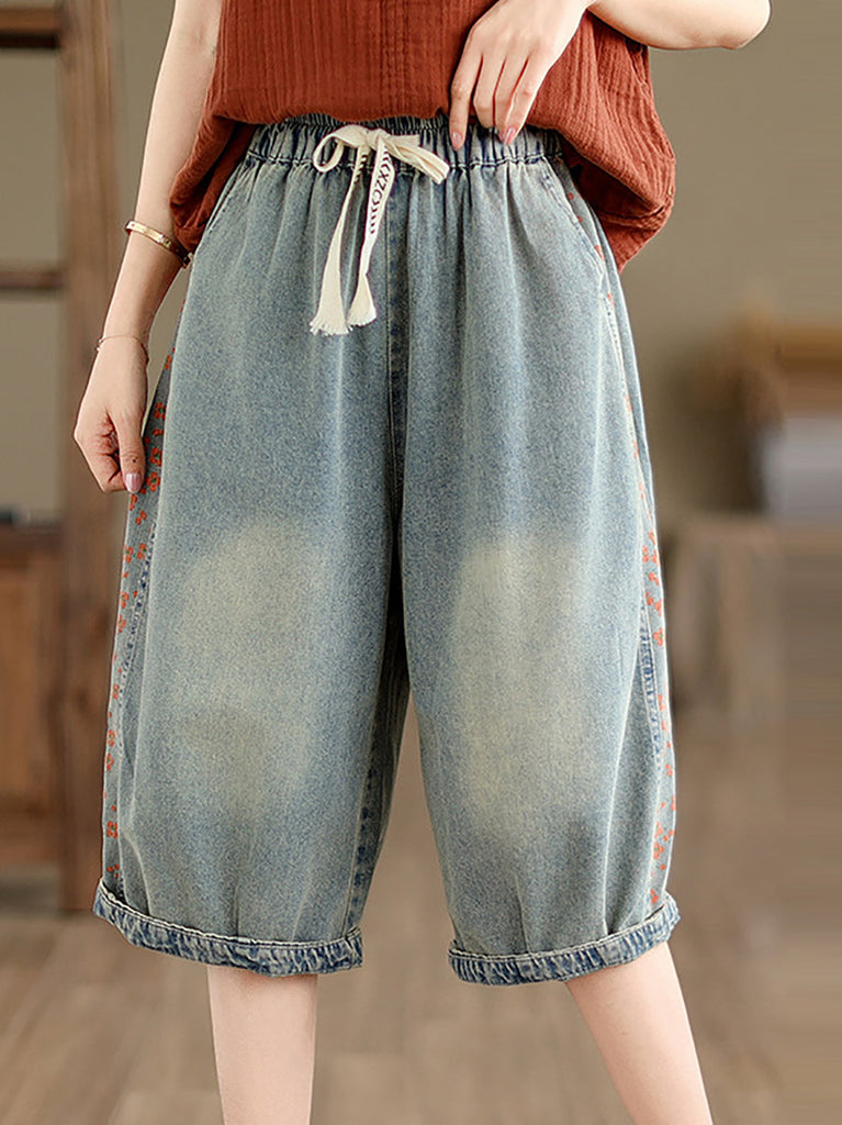 Women Summer Spliced Washed Denim Knee Length Pants OP1039 BUYKUD