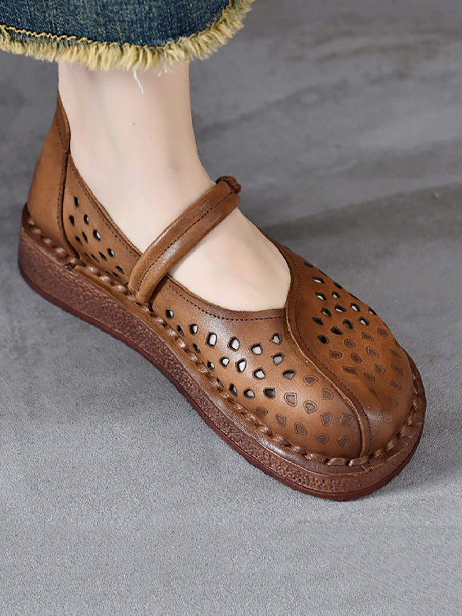 Women Summer Leather Solid Cutout Leather Flat Shoes OO1018 WZBQ