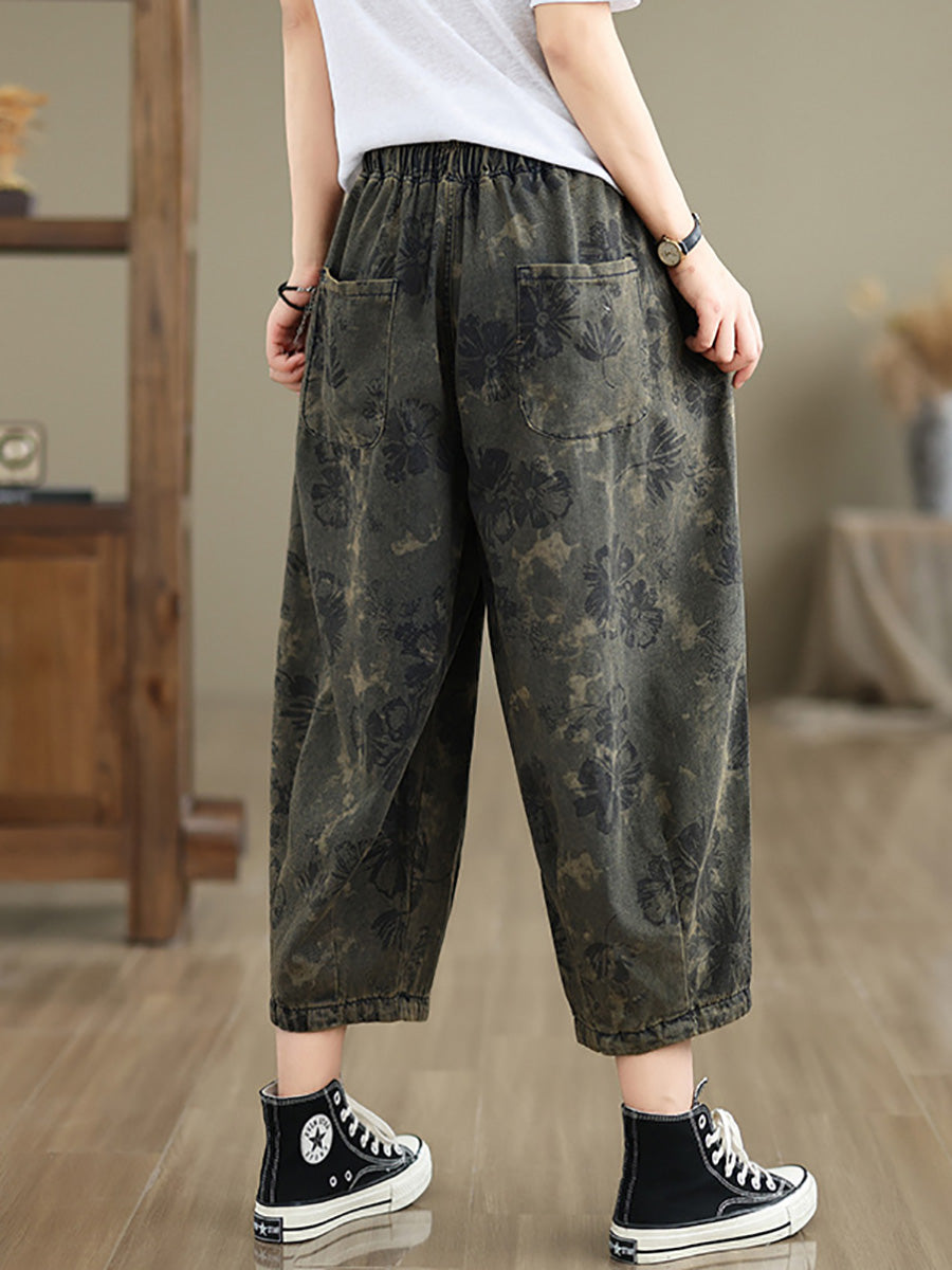 Women Summer Vintage Flower Denim Harem Pants LL034 BUYKUD