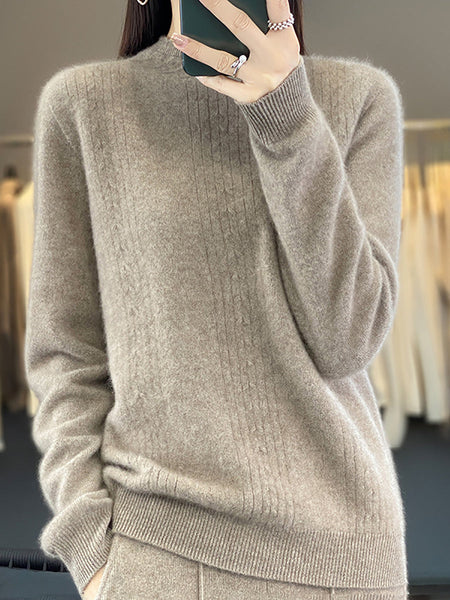 Women Autumn Solid Cable Knit 100%Wool Half Turtleneck Sweater QN028 BK