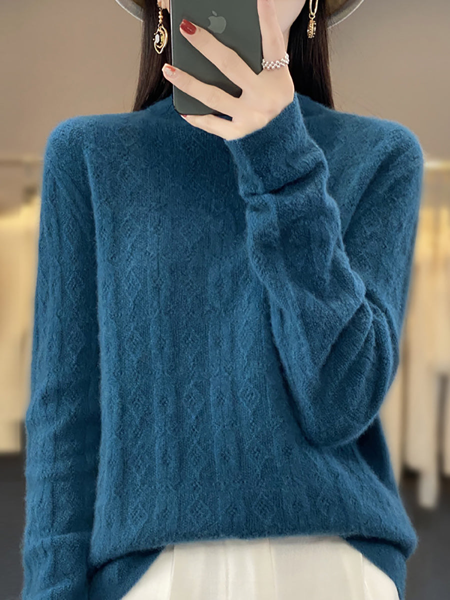 Women Autumn Casual Turtleneck 100%Wool Knit Sweater QU028 BK