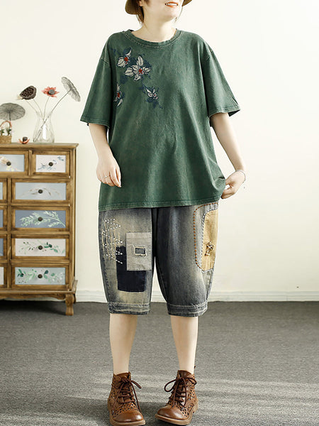 Women Summer Artsy Flower Embridery Cotton Shirt RR1012 BUYKUD