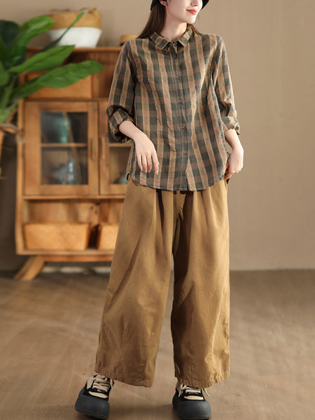 Women Autumn Vintage Plaid Button-up Linen Blouse AT1038 ZMMM