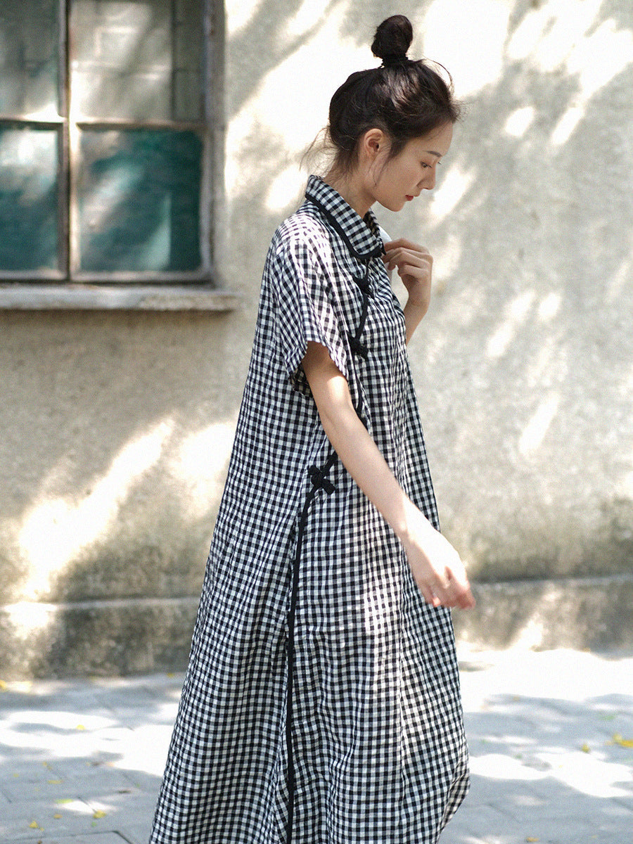 Plus Size Women Summer Vintage Plaid Frog Loose Dress WE1031 Ada Fashion