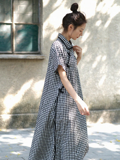 Plus Size Women Summer Vintage Plaid Frog Loose Dress WE1031 Ada Fashion