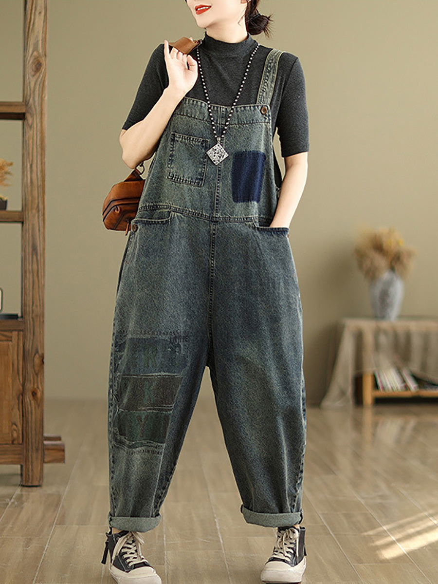 Women Retro Patchwork Loose Washed Denim Jumpsuits AH1080 JJX